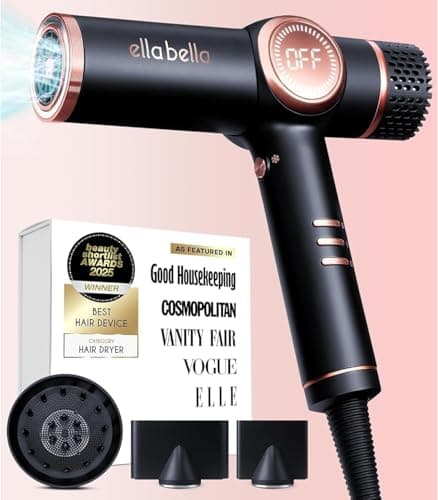 ELLA BELLA® Professional Ionic Hair Dryer with Diffuser • Negative Ion Blow Dryer • Suitable All Hair Types • Intelligent Heat Control & Rapid Drying Speeds • Lightweight Design • Low Noise Technology